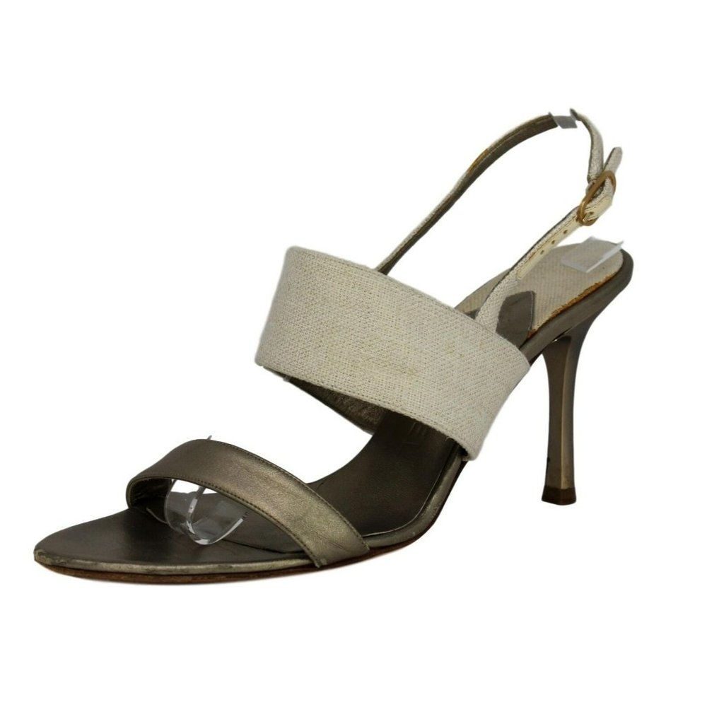 CHANEL Beige Linen & Metallic Gold Leather Slingback Strappy Heels - US 8.5